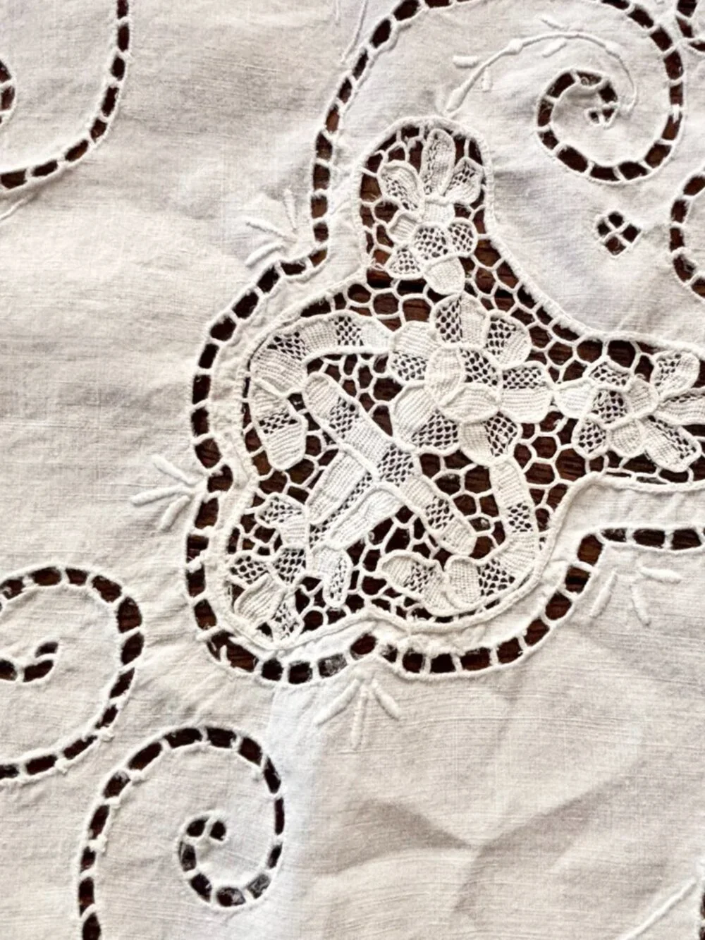 Vintage White Linen Eyelet Embroidered Tablecloth 68 x 84